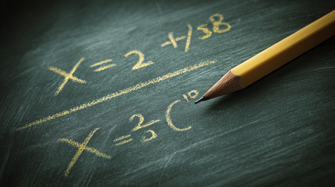 Close up of a chalkboard showing algebra equations and a pencil pointing at the expression x equals 3 squared C to the tenth