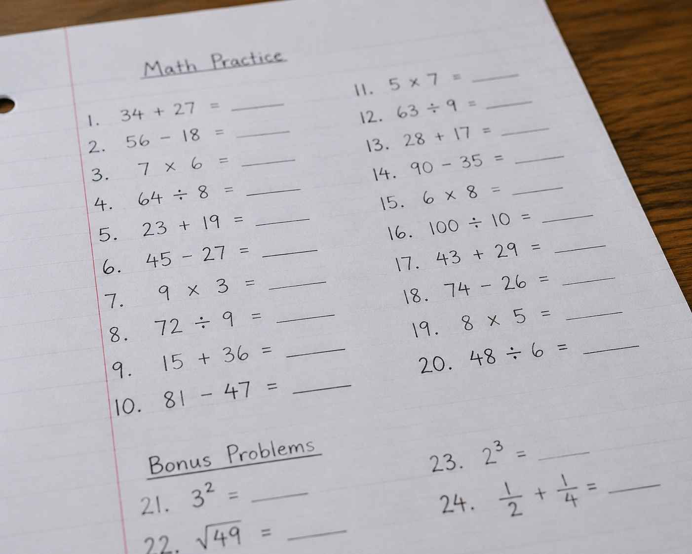 Handwritten math worksheet with arithmetic practice problems.