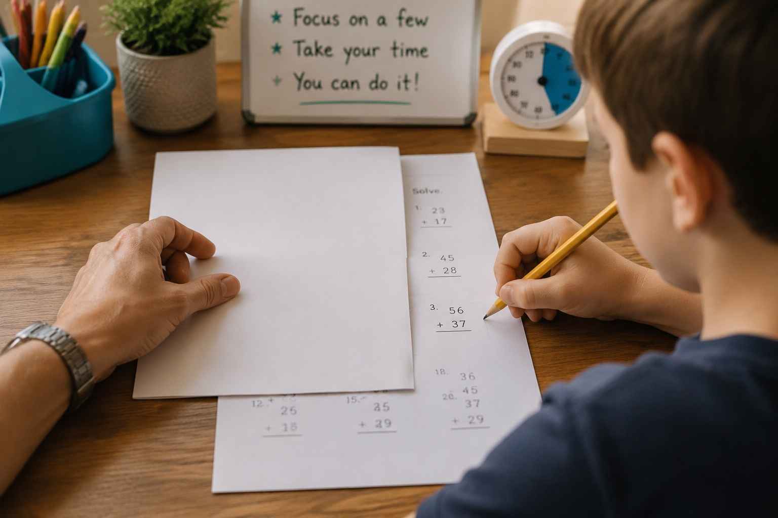Child solving a few math problems while the rest of the worksheet is covered.