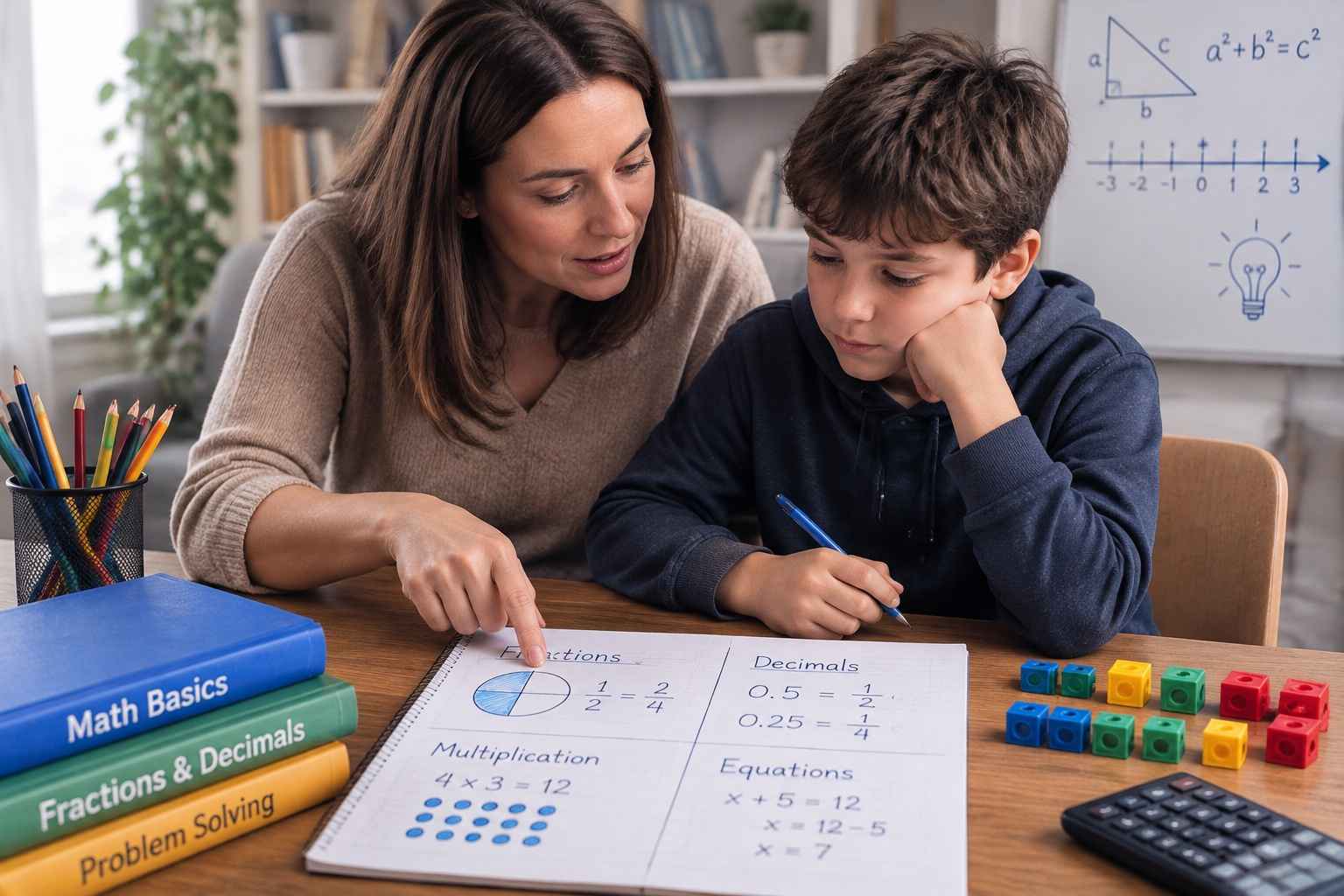 Adult helping a child work through basic math concepts at a table.