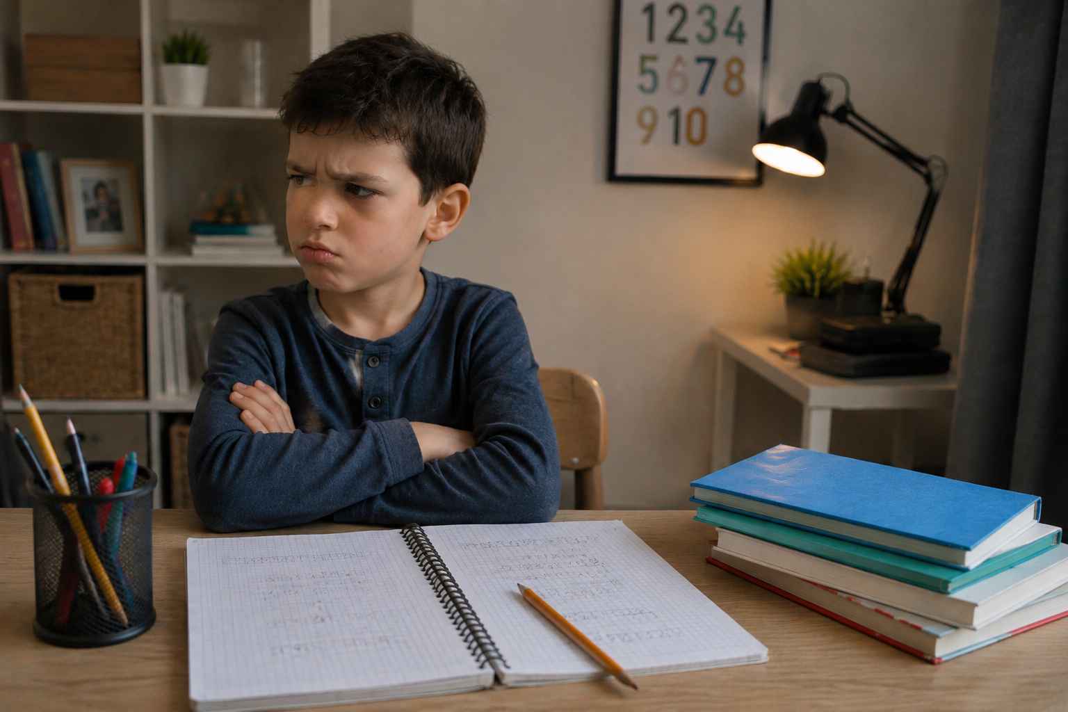 Frustrated young boy sitting at a desk with math homework.