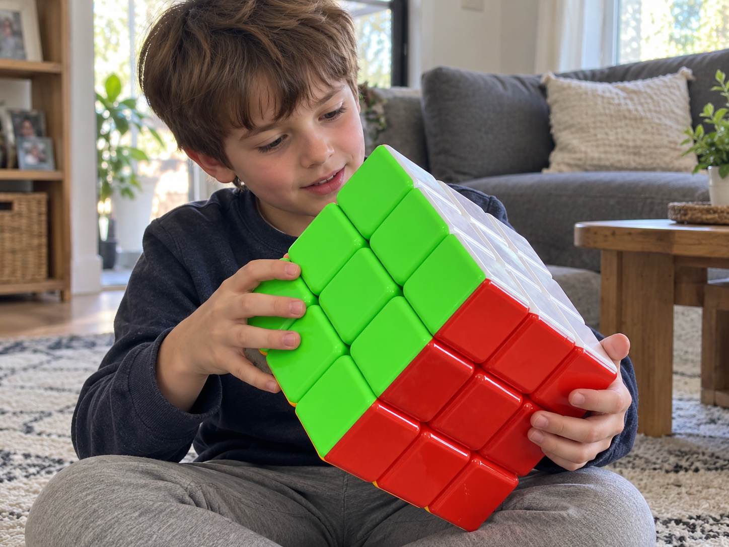 Young boy playing with a giant 18 cm 3x3 puzzle cube while sitting on the living room floor.