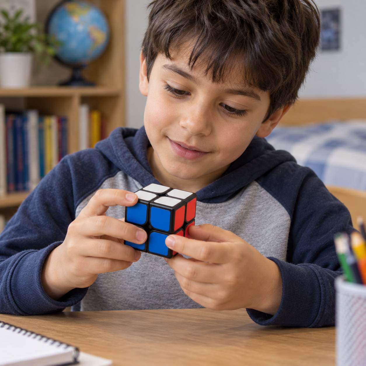 Young boy concentrating on solving a 2x2 Rubik's Cube at a wooden desk.